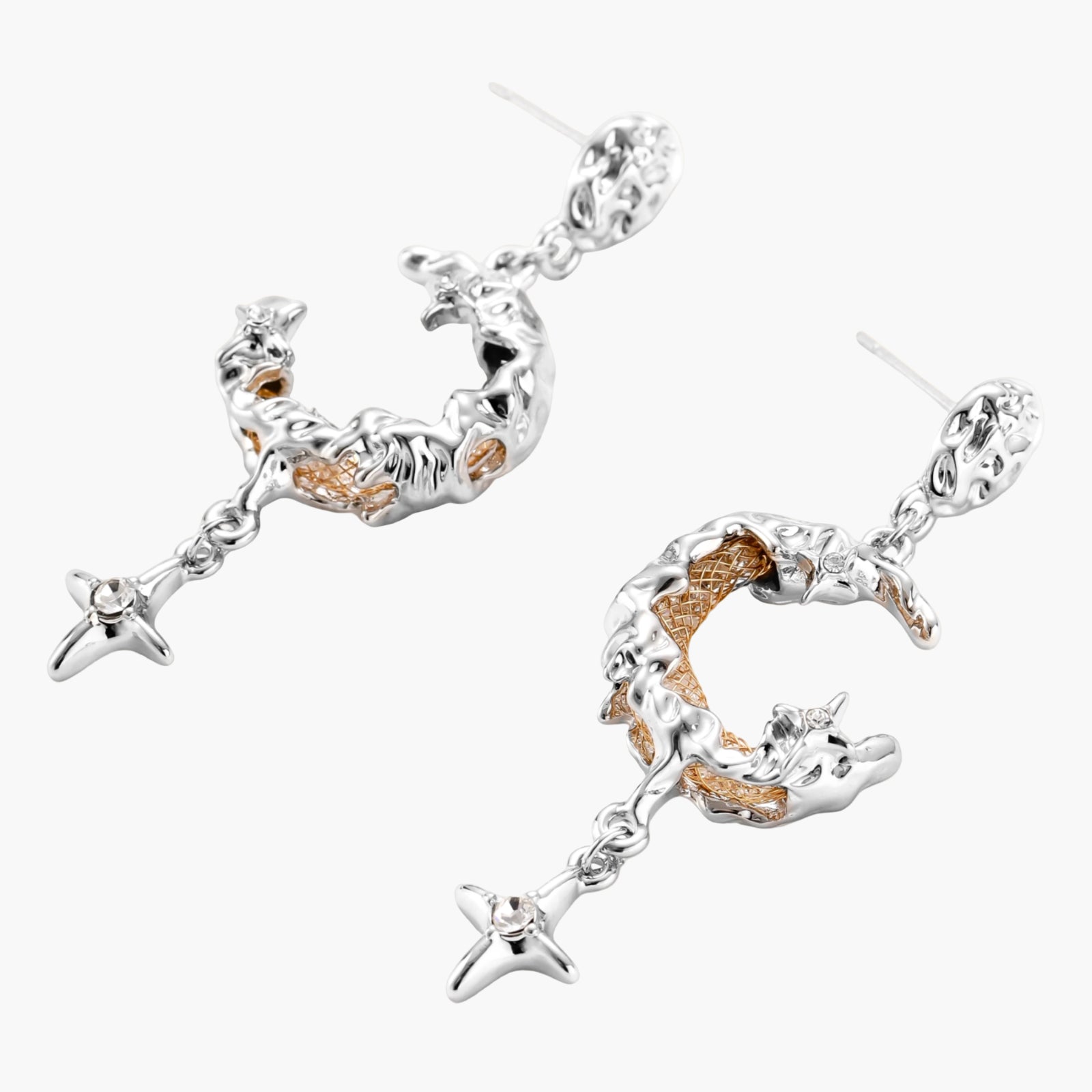 Detailed eco-brass dangle earrings featuring crescent moons with gold rope details and dangling star charms on white background.